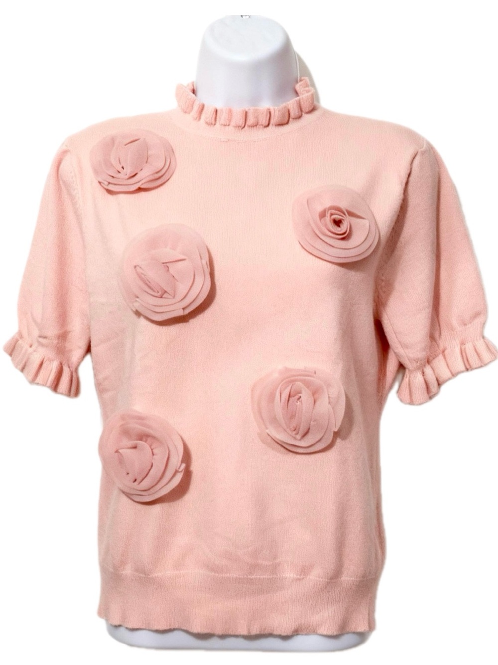 Ontwelfth Pink Floral Appliqué Short Ruffled Sleeve Top